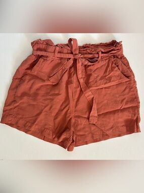 Thread & Supply Rust-Red High Waist Paperbag Shorts with Belt